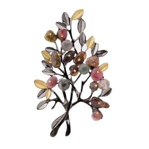 Earth-tone Crystal Antiqued Silvertone Olive Branch Brooch: Nature's Harmony in
